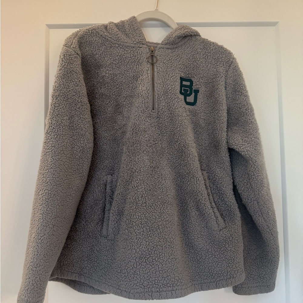 Gray Sherpa Fleece Hoodie Pullover Half Zip Baylor BU Logo Women’s